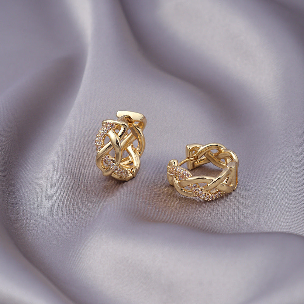 Micro Zircon-encrusted Stud Earrings Woven Twisted Gold Light Luxury High-end Sense