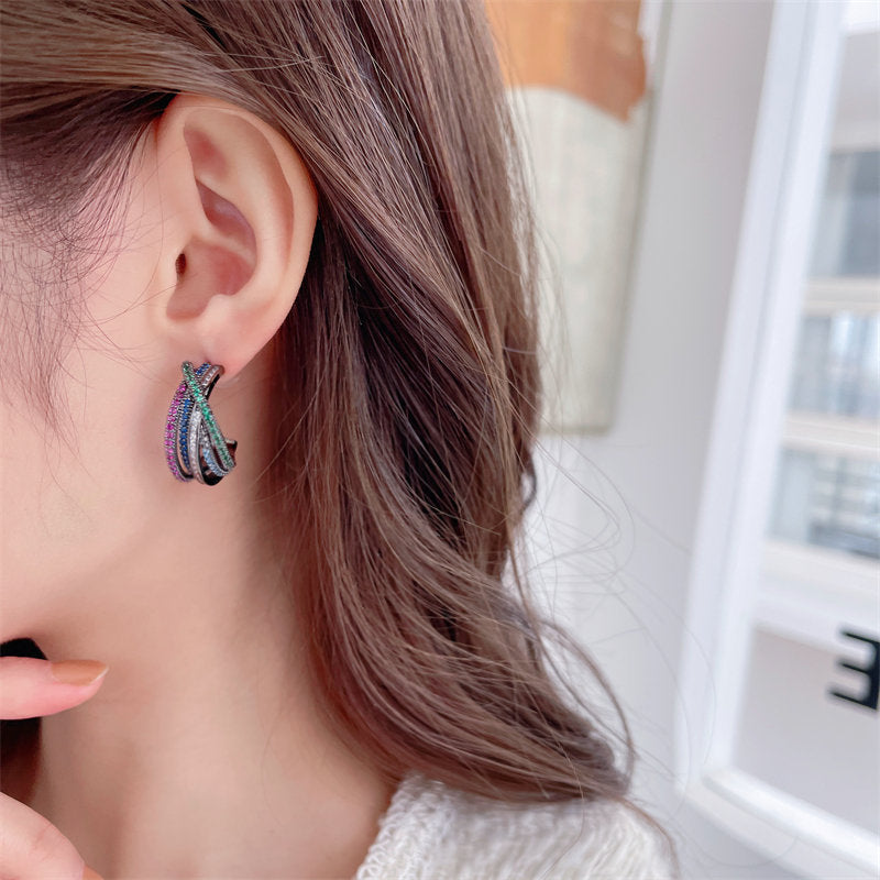 Colorful Zircon Small Design Sense Geometric Line Cross C-circle Earrings