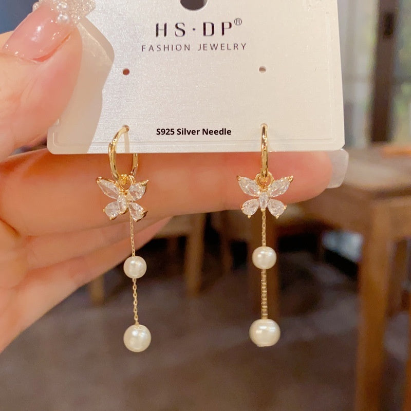 One Style For Dual-wear Diamond Butterfly Pearl Tassel Ear Clip