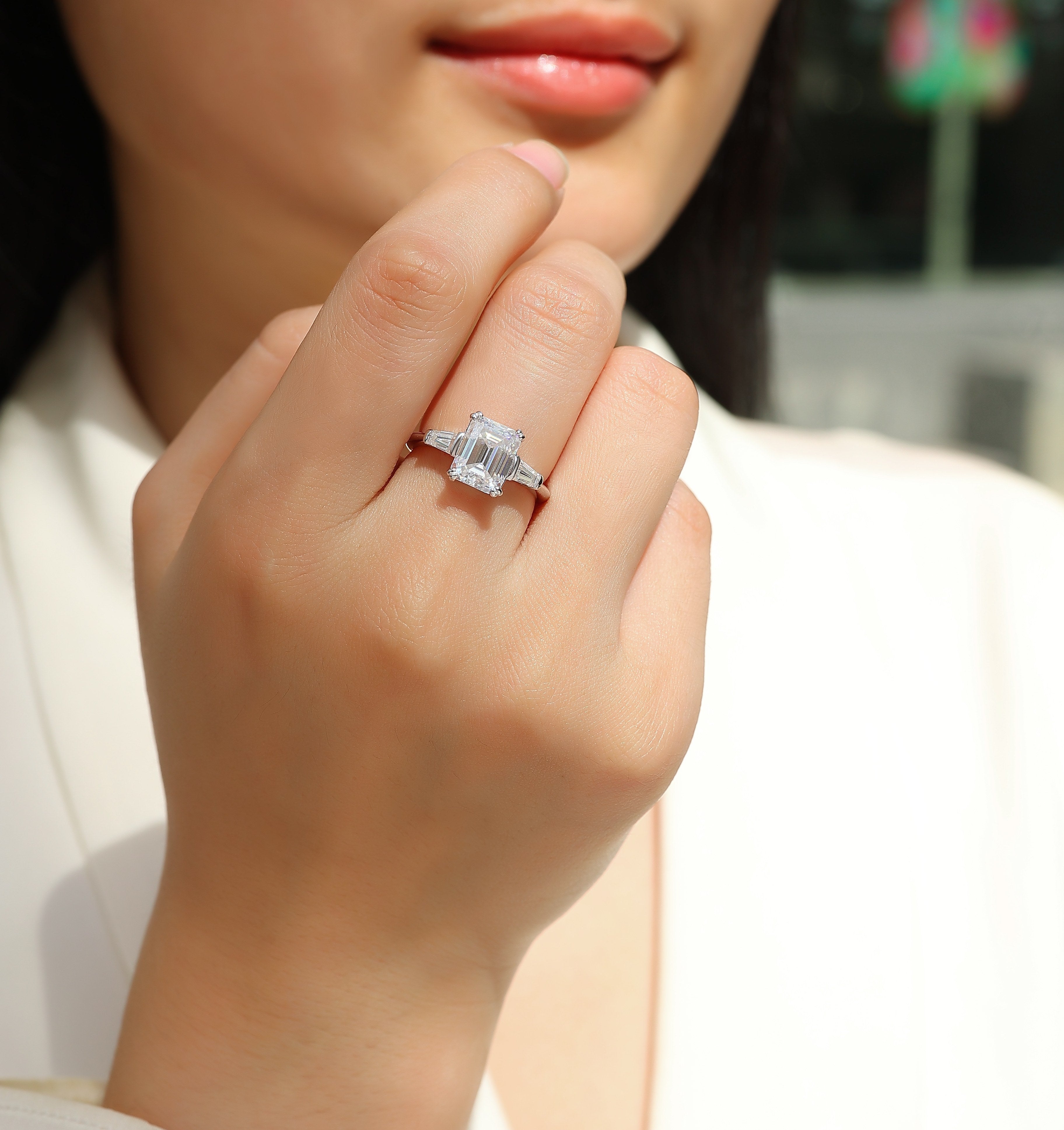 Starlight Mirror - Set With Top-quality Octagonal Moissanite S925 Silver And Platinum-plated Diamond Wedding Ring. The Ring Can Be Inspected With A Diamond Pen