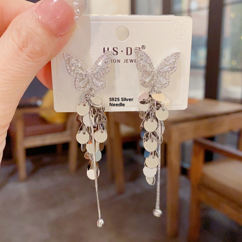 Female High-end Zircon Butterfly Disc Tassel Earrings