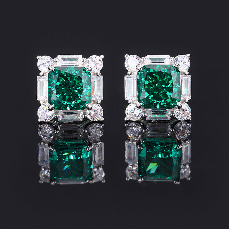 S925 Silver High Carbon Emerald Diamond Princess Square Diamond Set
