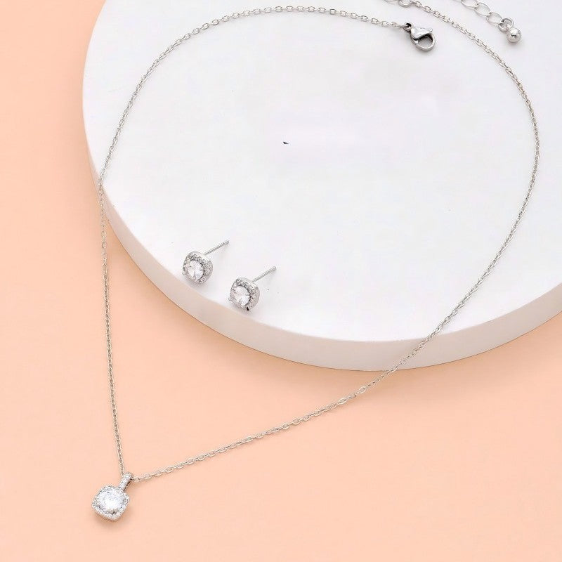 Female Minimalist Niche Square Diamond Necklace Earring Set