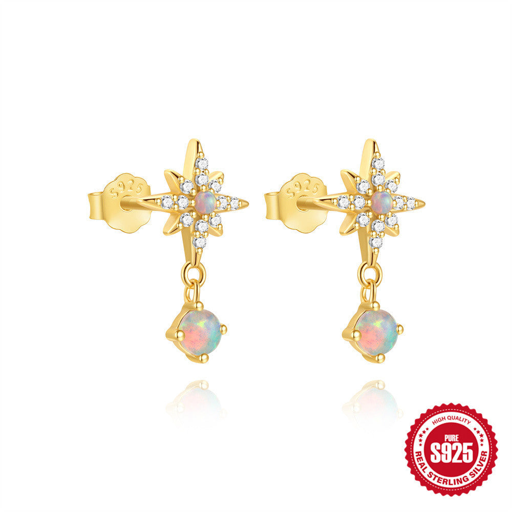 S925 Sterling Silver Classic Eight Awn Star Five Petal Flower Tassel Stud Earrings