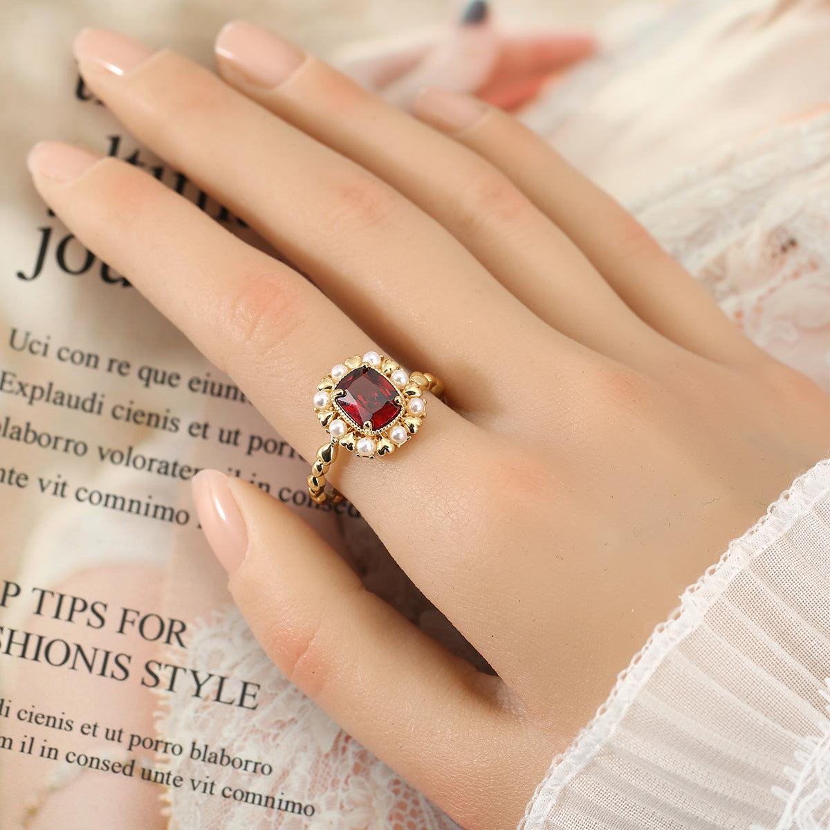 Natural Stone Ring Garnet Red Exaggerated Light Luxury