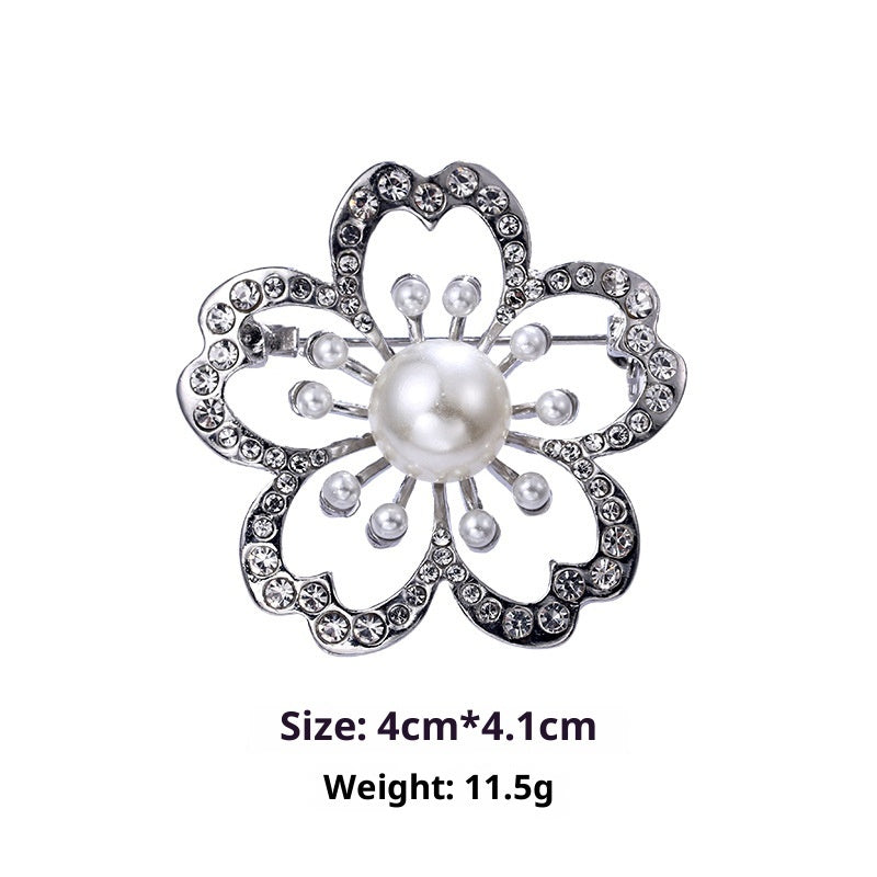 Minimalist Pearl Floral Brooch With Diamond Flower Accessory Pin