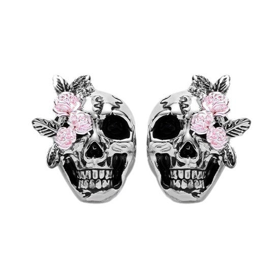 Rose Skull Silver Pin Earrings Ring