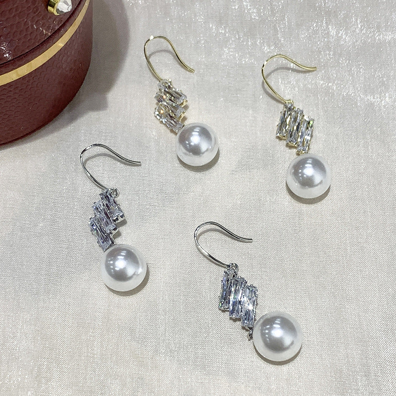 French Elegant Micro Inlaid Sparkling Diamond Pearl Hook Earrings