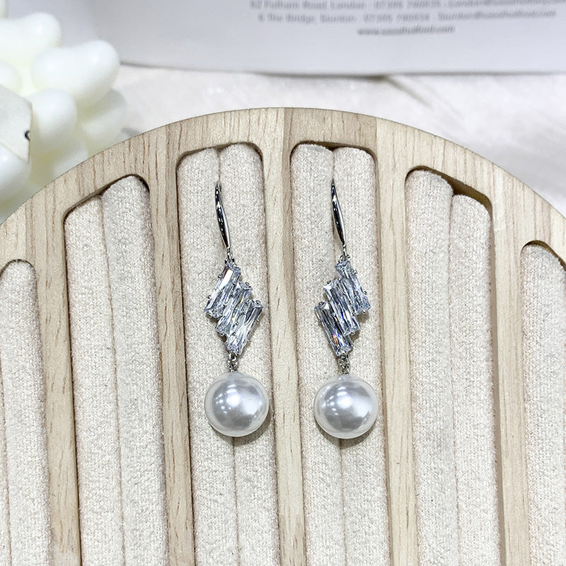 French Elegant Micro Inlaid Sparkling Diamond Pearl Hook Earrings