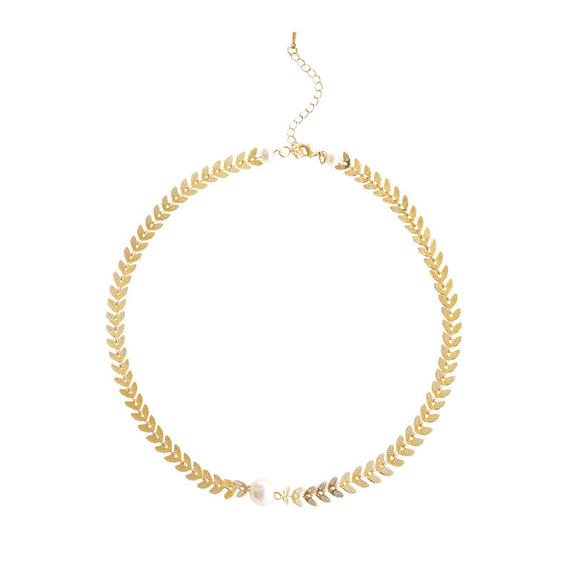 Short Wheat Pearl Necklace Golden Women's