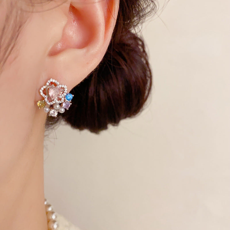 Full Diamond Silver Petal Stud Earrings