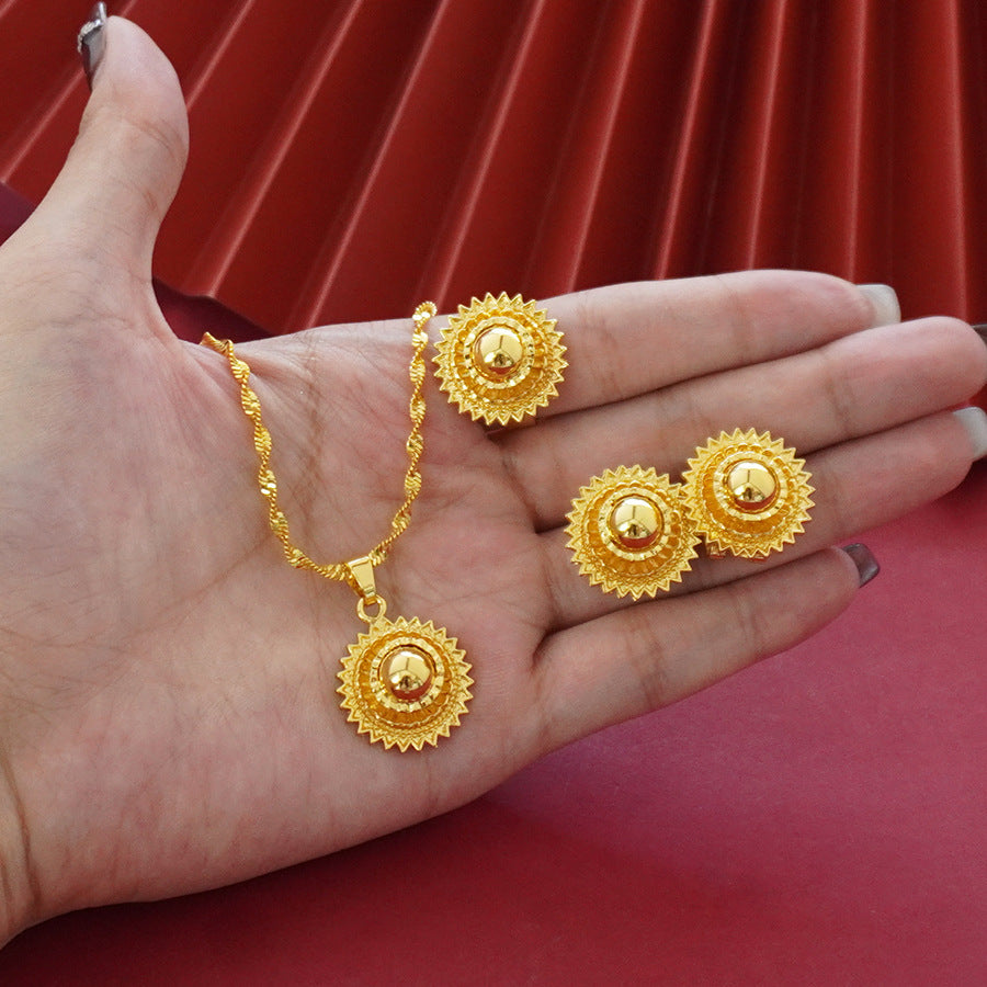 Landscape Middle East Flower Design Gold-plated Necklace Pendant Earring Ring Jewelry Suit