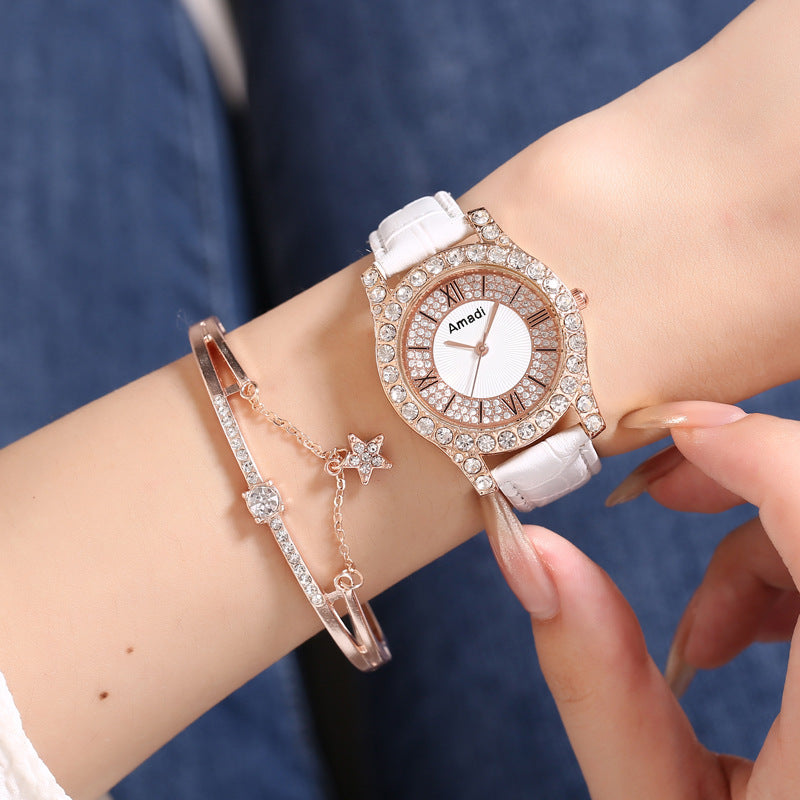 Women's Diamond-embedded Roman Face Simple Fashion All-match Quartz Watch Gift Box