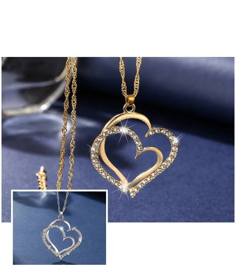 Korean Style Fashion Double Love Light Luxury Silver White Golden Two-color Beautiful Bracelet Necklace And Earrings Suite Gift