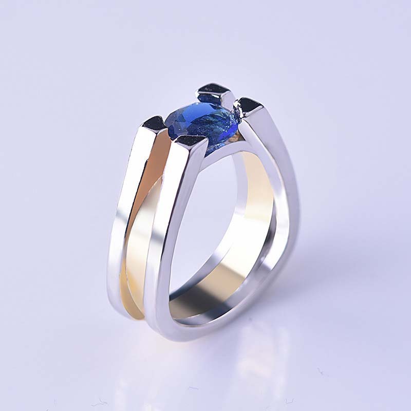 Europe And America Creative Geometric Sapphire Two-tone Women's Ring
