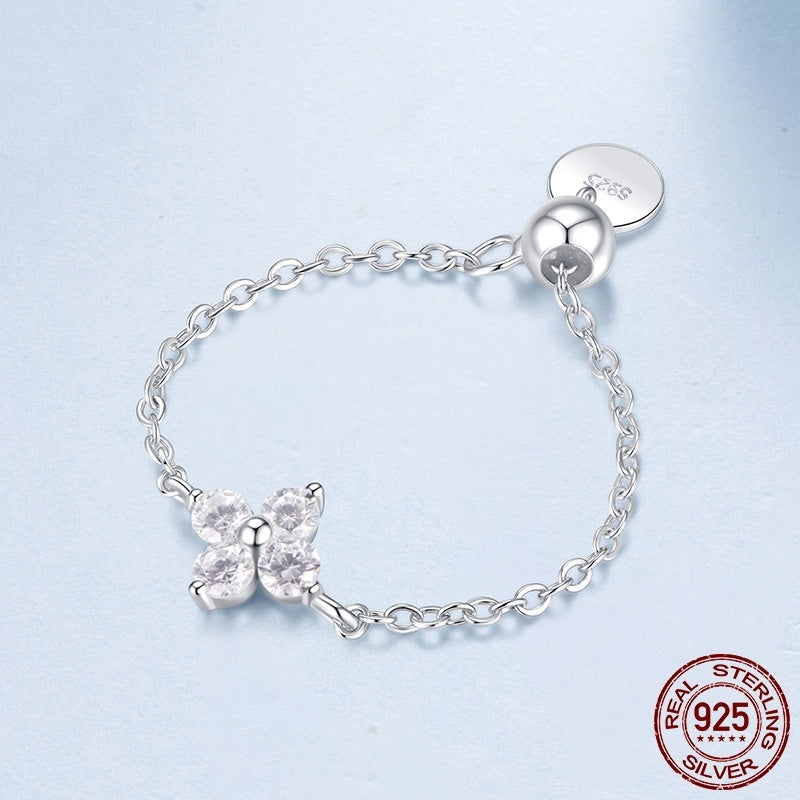 S925 Sterling Silver Four-leaf Clover Lucky Chain Ring