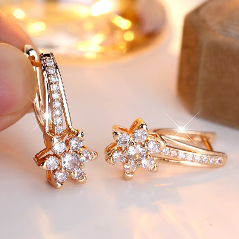 Round Zircon White Diamond Flower Full Diamond Ear Clip European And American Fashion High-grade Earrings
