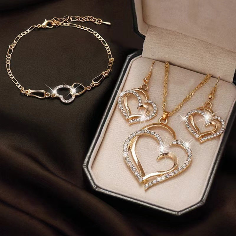 Korean Style Fashion Double Love Light Luxury Silver White Golden Two-color Beautiful Bracelet Necklace And Earrings Suite Gift