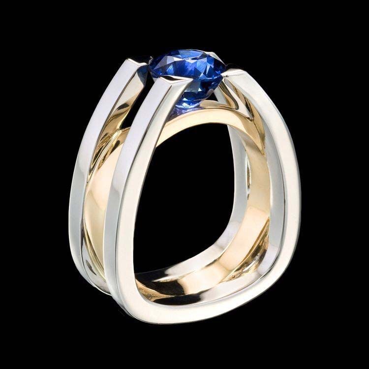 Europe And America Creative Geometric Sapphire Two-tone Women's Ring