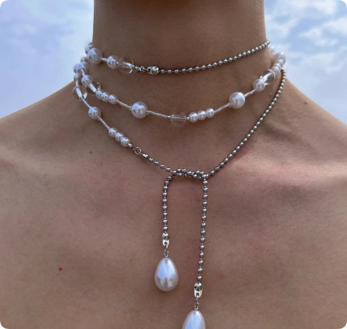 Retro Multi-layered Square Pearl Tassel Necklace For Women