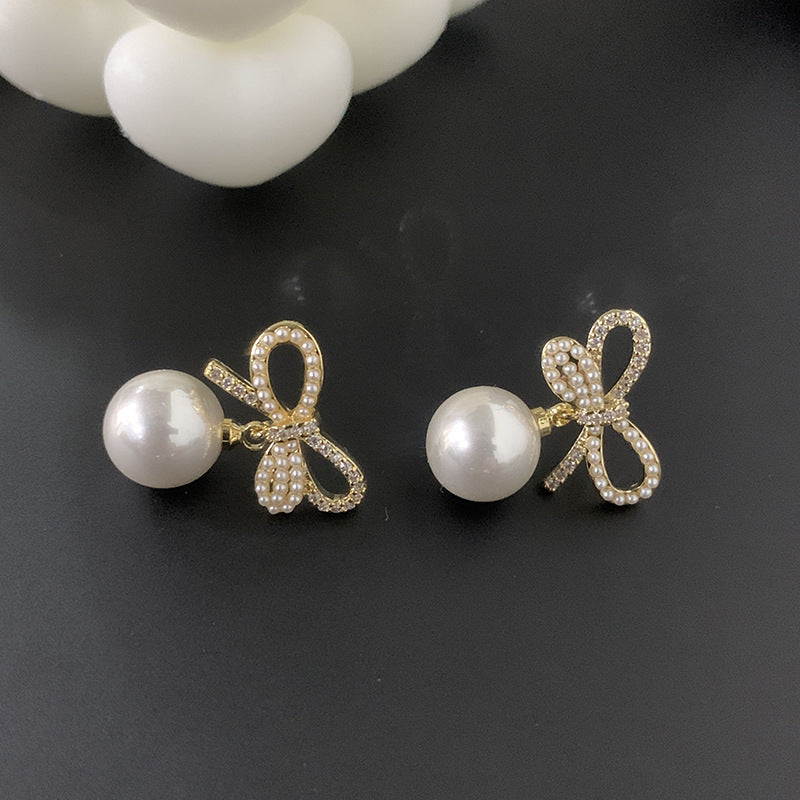 French Retro Zircon Bow Pearl Earrings