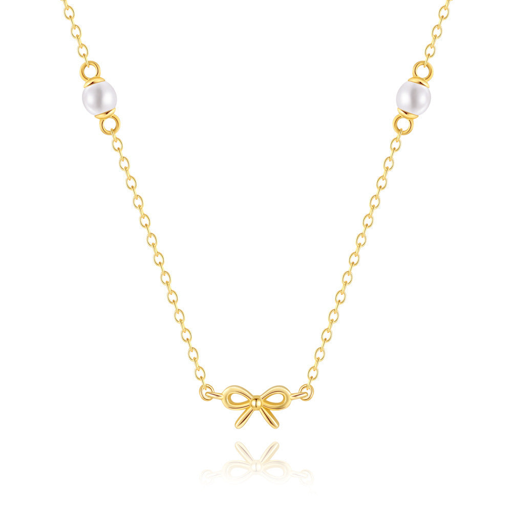 S925 Sterling Silver Simple Pearl Bow Twin Clavicle Chain Necklace