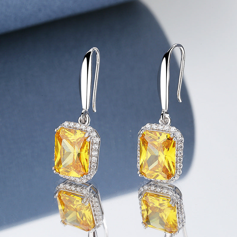S925 Sterling Silver Princess Square Yellow Diamond Necklace Earrings