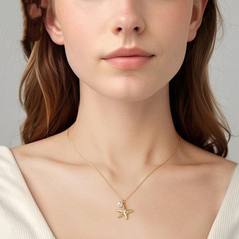 S925 Sterling Silver Gold Plated Starfish Pearl Pendant Necklace