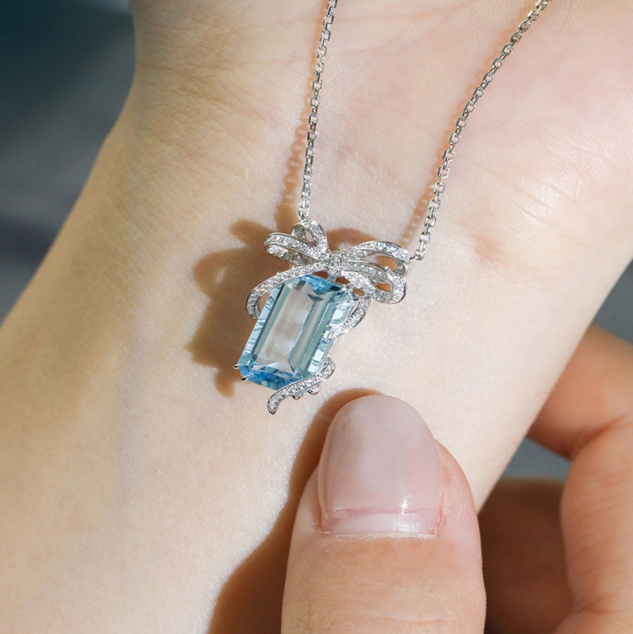 Square Bow Aqua Blue Topaz Light Luxury Necklace For Women