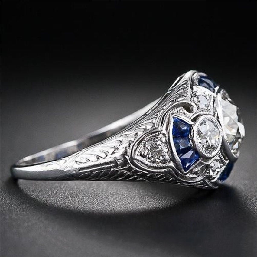 Women's Fashion Diamond Set Blue Sapphire Topaz Ring