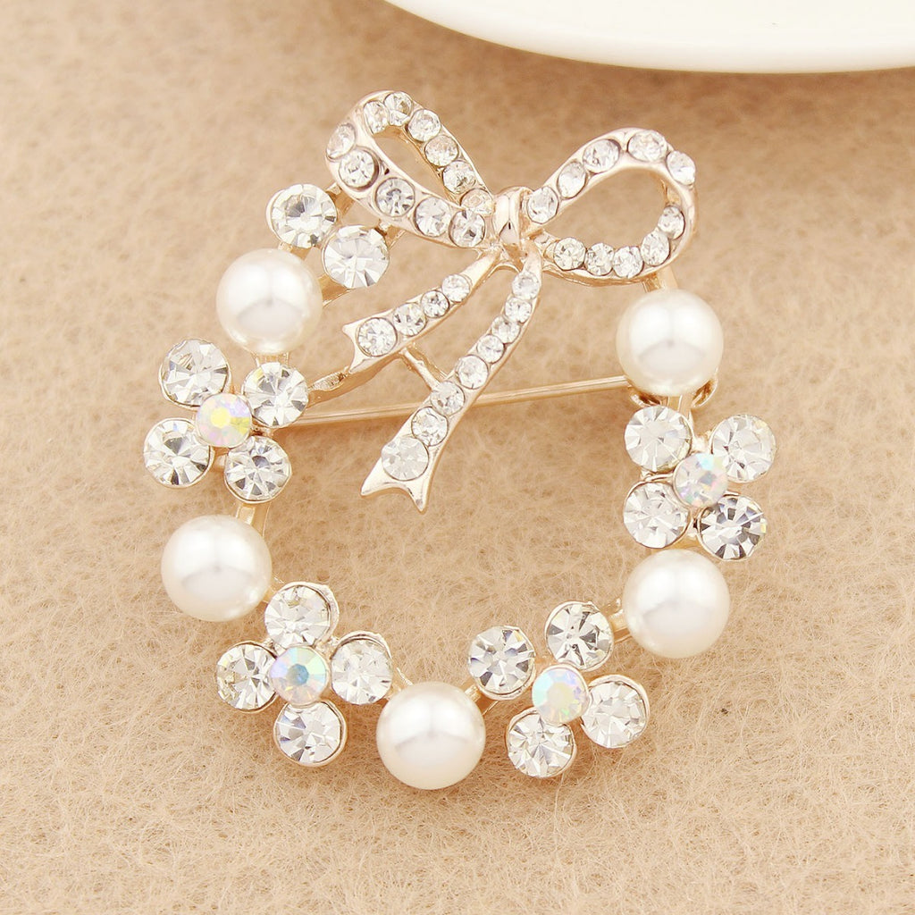 Pearl Rhinestone Bow Accessory Pin Brooch For Women