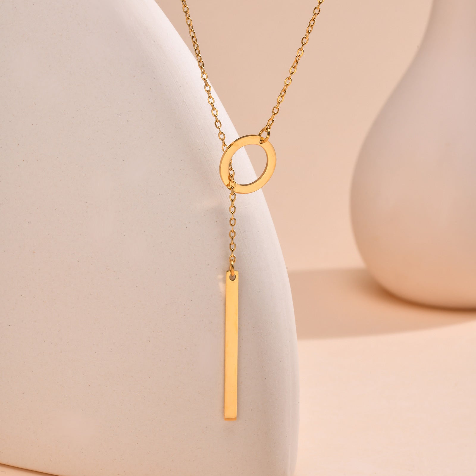 Simple Stainless Steel Cross Chain Round Ring Necklace