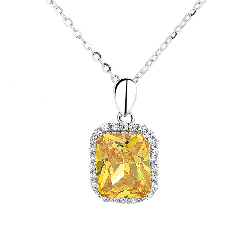 S925 Sterling Silver Princess Square Yellow Diamond Necklace Earrings