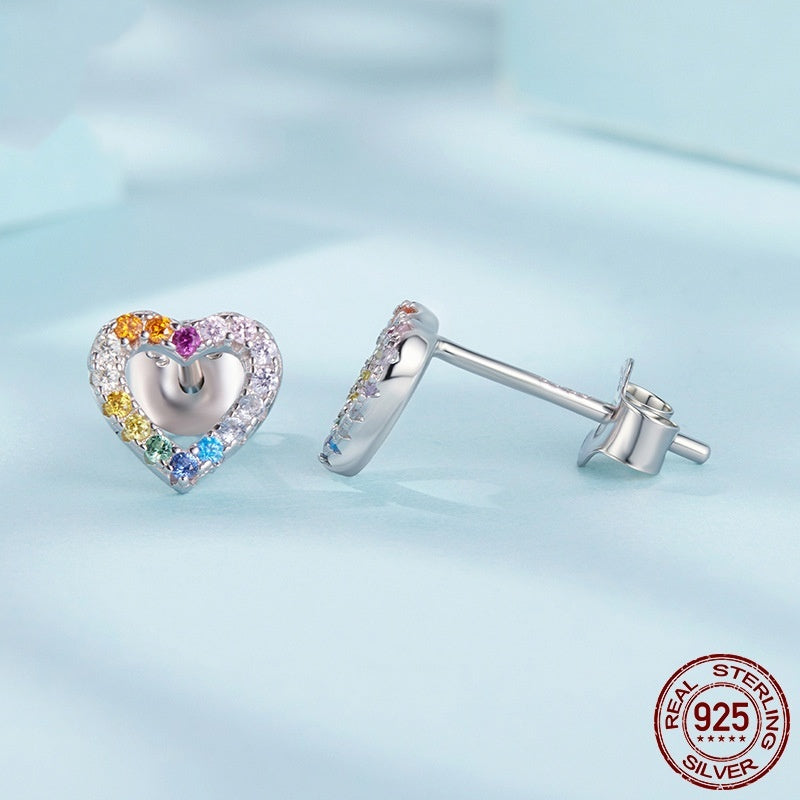 S925 Sterling Silver Colorful Heart-shaped Zircon Stud Earrings