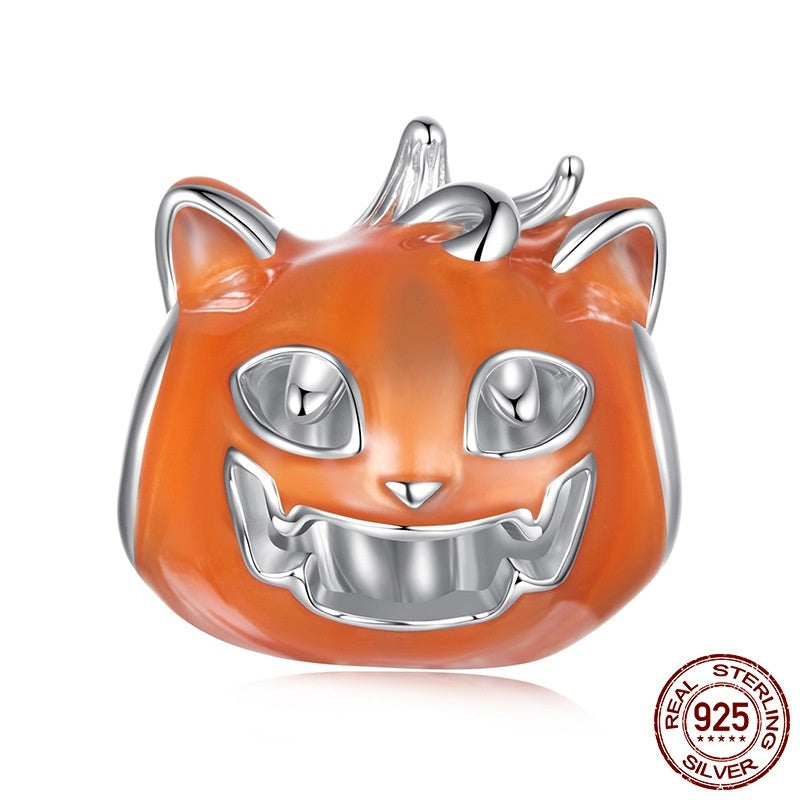 Halloween Luminous Oil Dripping Pumpkin Cat S925 Sterling Silver Beads