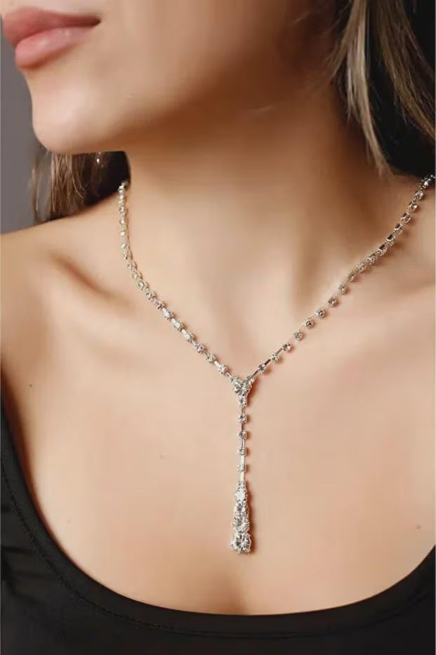 Silver Plated Bridal Tennis Necklace Earring Set Wedding Jewelry