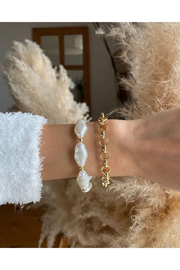 Pearl Chain Bracelet Set Adjustable Two Piece Elegant Minimalist Layered Fashion Jewelry Gift For Her