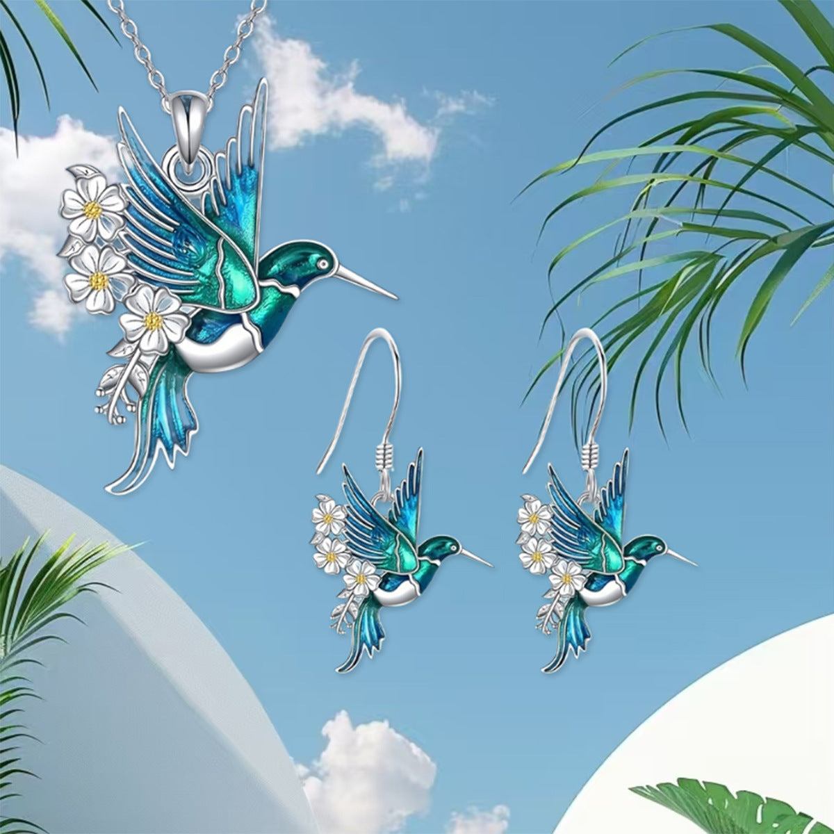Hummingbird Pendant Necklace Eardrop Set