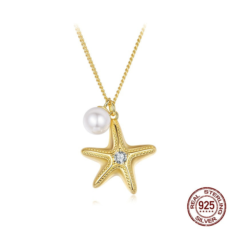 S925 Sterling Silver Gold Plated Starfish Pearl Pendant Necklace