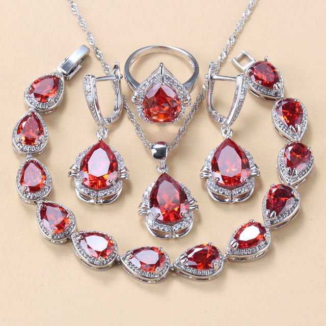 Gem-inlaid Pendant Earrings Necklace And Four-piece Ring Set Pack