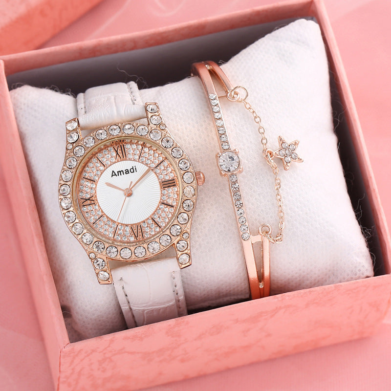 Women's Diamond-embedded Roman Face Simple Fashion All-match Quartz Watch Gift Box