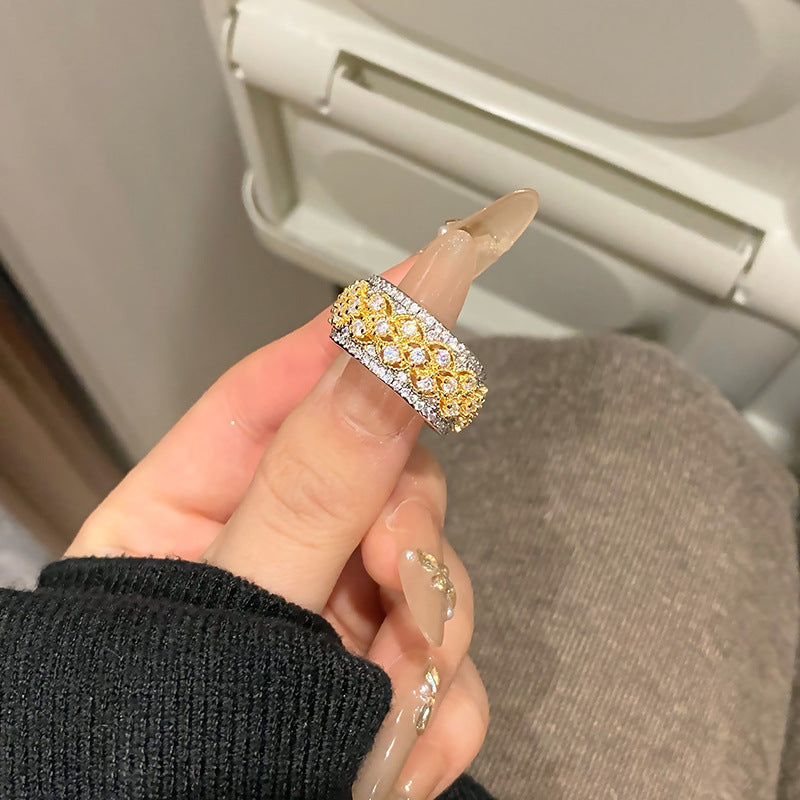 Italian Retro Lace Honeycomb Micro-set Zirconia Open Ring For Women