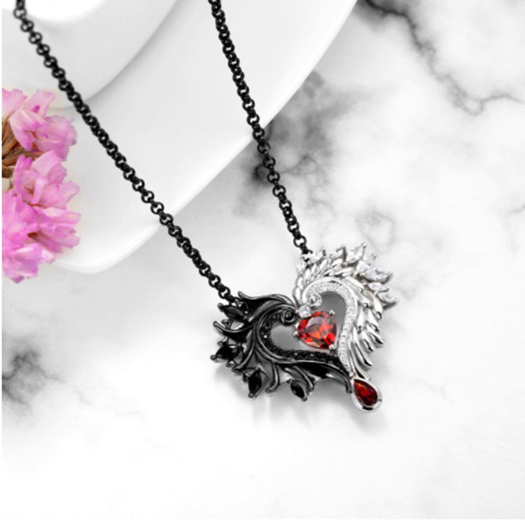 Heart-shaped Black And White Wings Heart-shaped Pendant Necklace