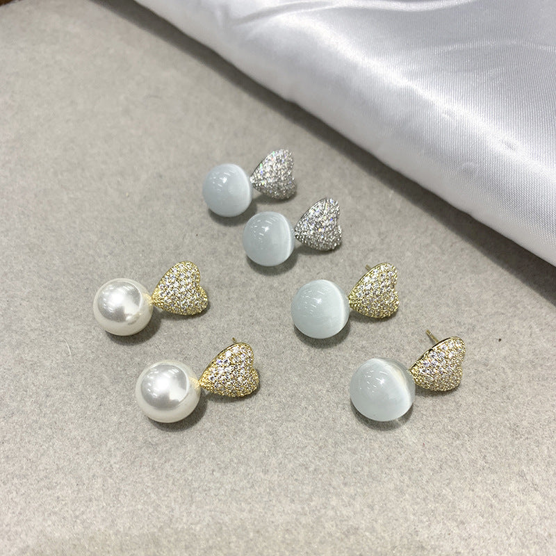 Love Cat Eye Stone Pearl Earrings