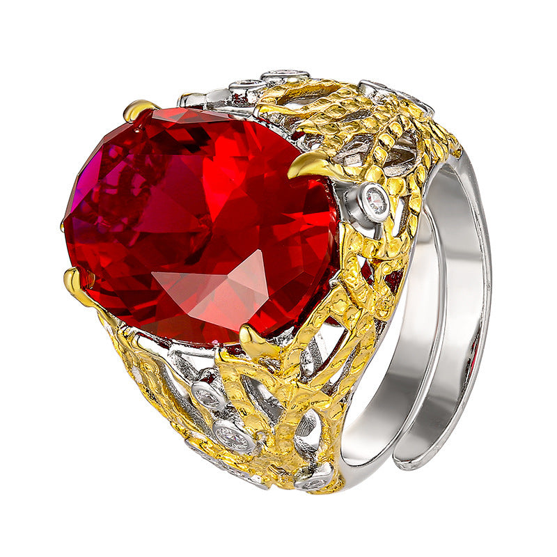 Copper Bottom Gold-plated Simulated Blue Spinel Egg-shaped Hollow Ring Main Stone