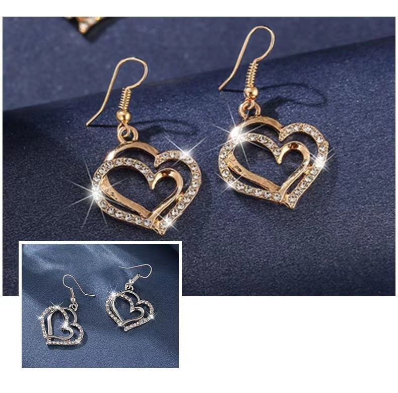 Korean Style Fashion Double Love Light Luxury Silver White Golden Two-color Beautiful Bracelet Necklace And Earrings Suite Gift
