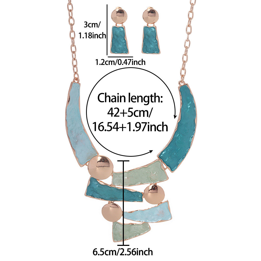 Female Colored Oil Geometric Irregular Earnail Necklace Set