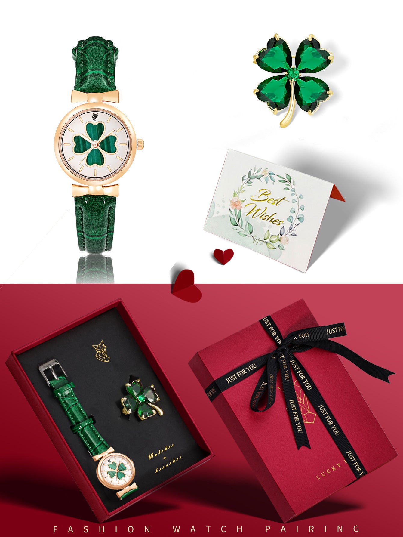 Women's Watch Brooch Clover Quartz Retro