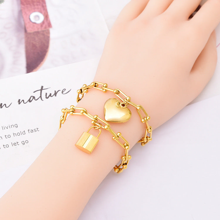 All-match Stainless Steel Small Lock Bracelet Earrings Suit