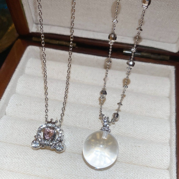 Diamond-embedded Heart Geometric Round Pendant Crystal Necklace